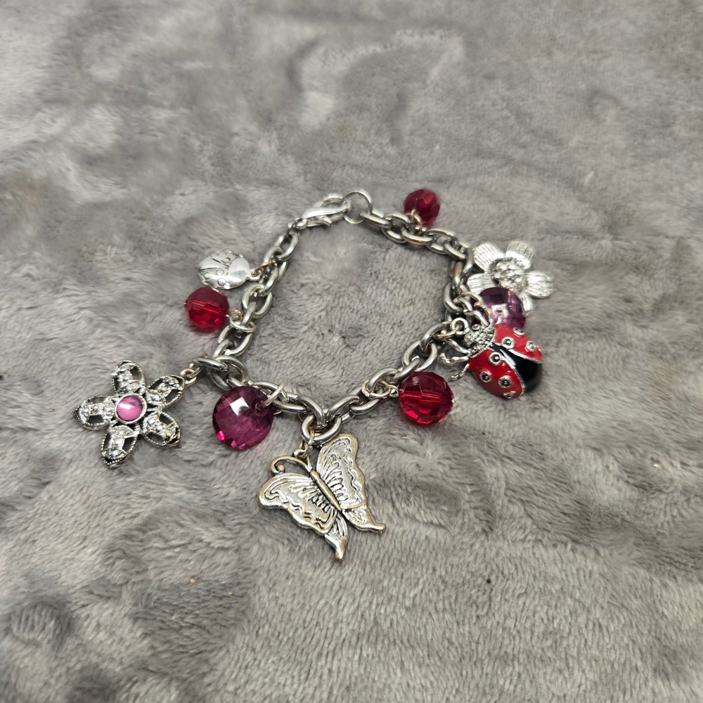 Silver Tone Ladybug Butterfly Flower Charm Bracelet Red Purple Beads 7.5 Inch